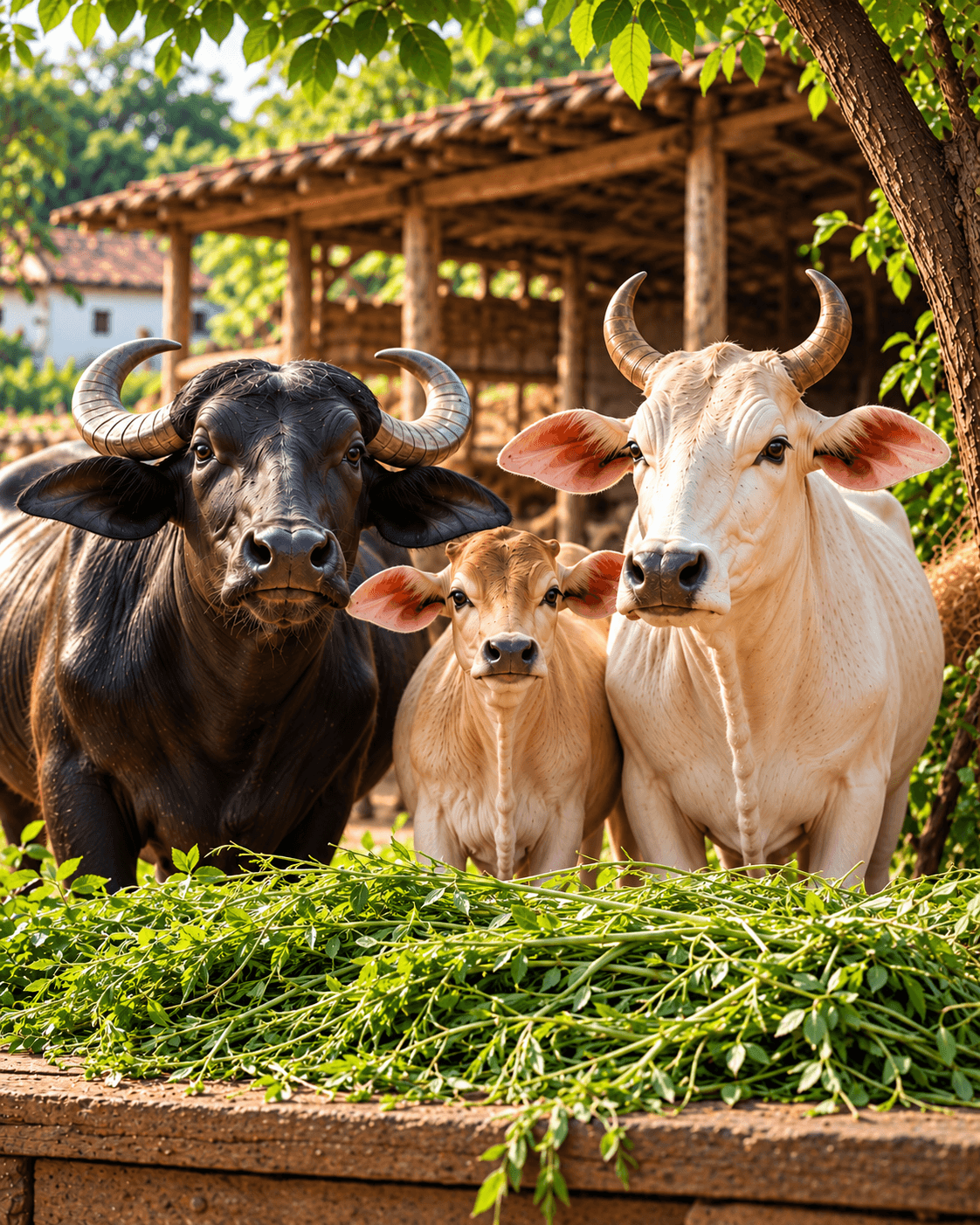 A buffalo, a cow and her calf behind a table of milk, dahi, ghee and buttermilk at Real Taste Dairy Farm in Jalore, Rajasthan