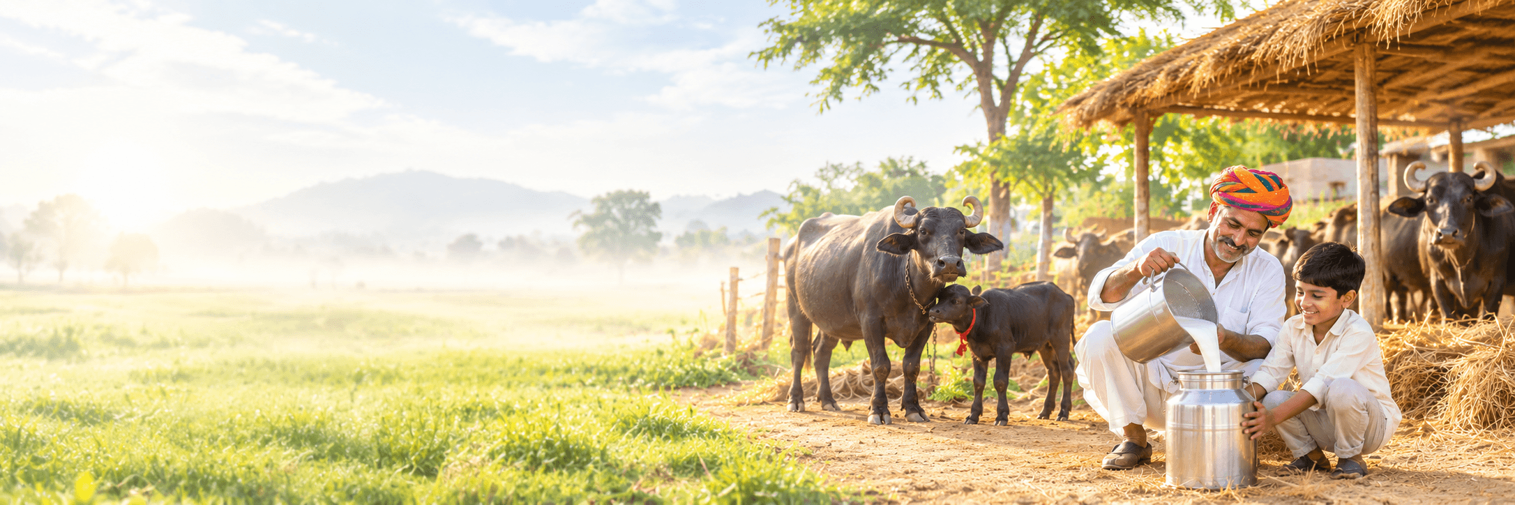 A farmer in a Rajasthani turban pouring the morning milk into a steel can while his young son steadies it, their buffalo and her calf beside them and the rest of the herd in the shade of the thatched shed behind