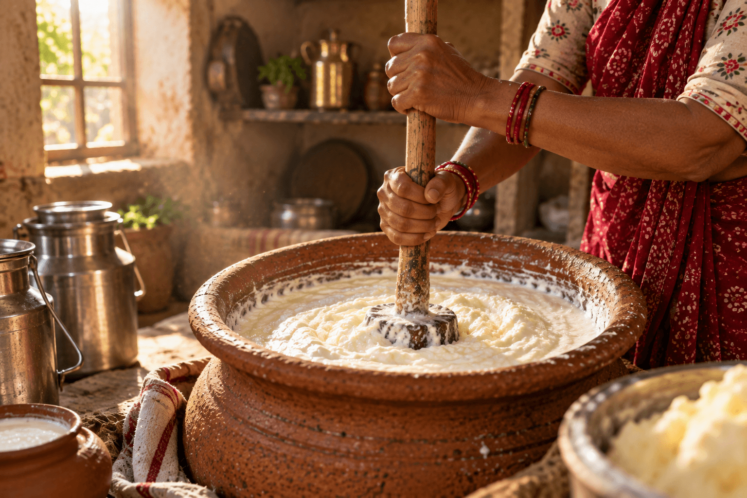The dairy team traditionally churning dahi in large clay pots.