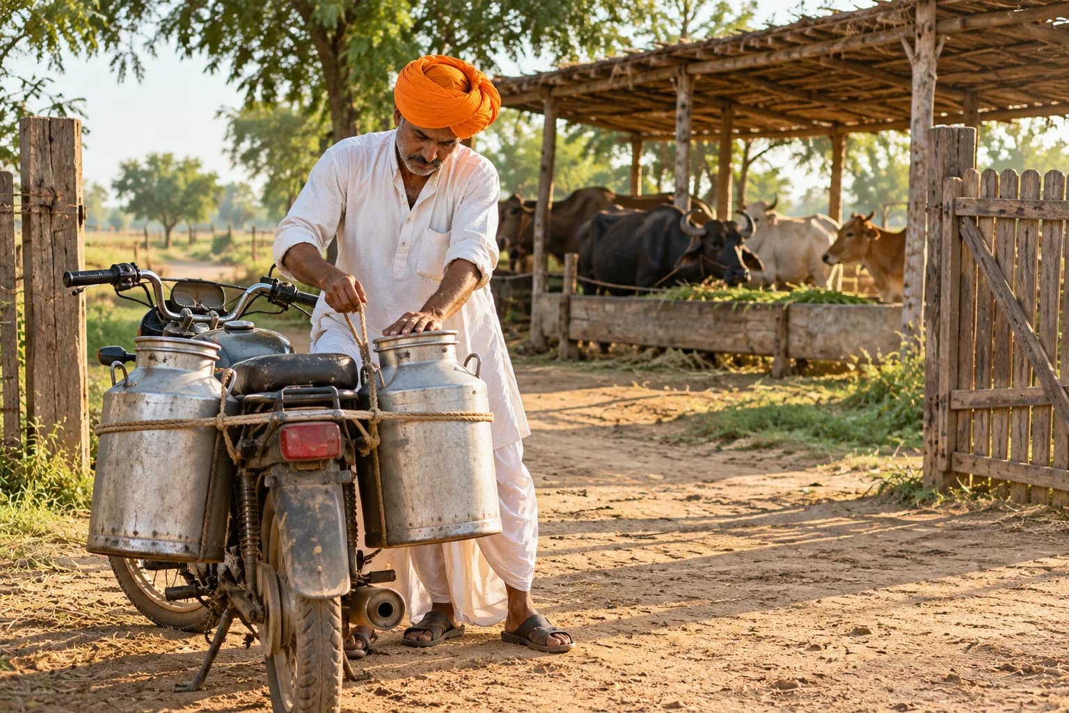 A farmer roping two full steel milk cans onto the back of a motorcycle at the open farm gate, with buffaloes and cows at the feed trough under the shed behind him.