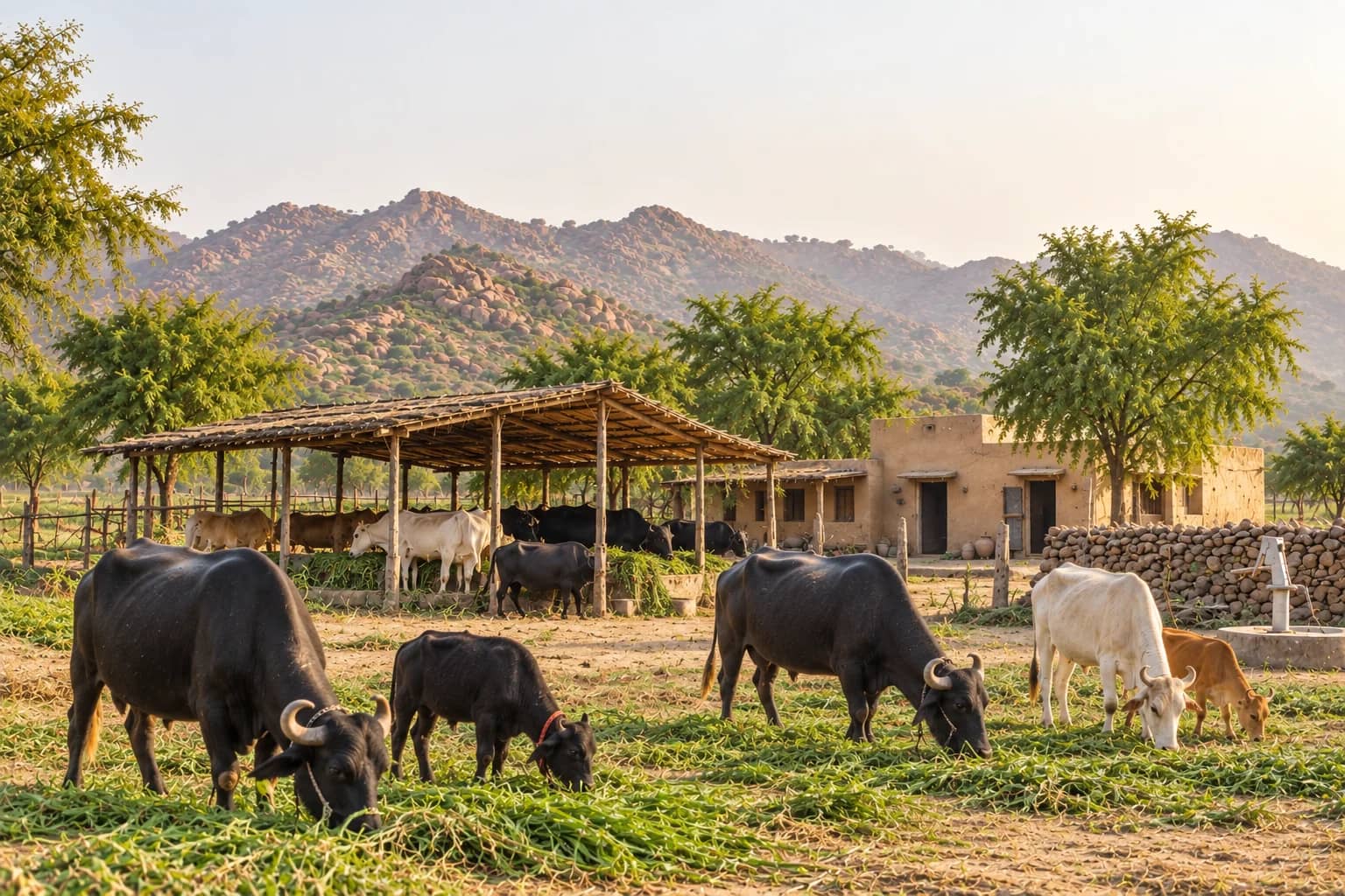 Buffaloes and cows feeding on cut fodder in front of an open thatched shed and a mud-walled farmhouse, with the rocky Aravalli hills behind in the morning haze.