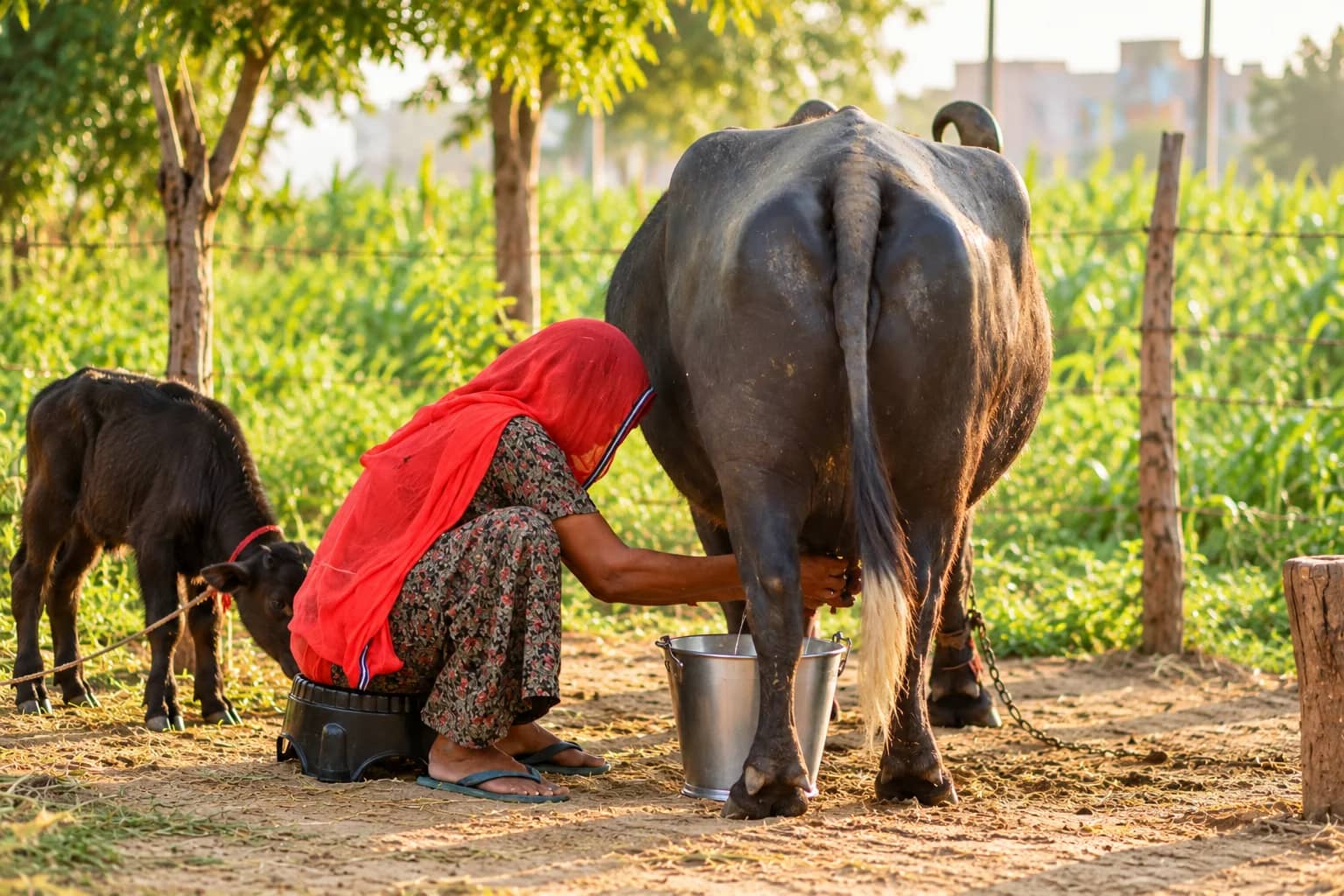 A farmer crouched at a buffalo's side, milking by hand into a steel bucket in the early morning, with a calf tethered a few steps away and a maize field behind the fence.